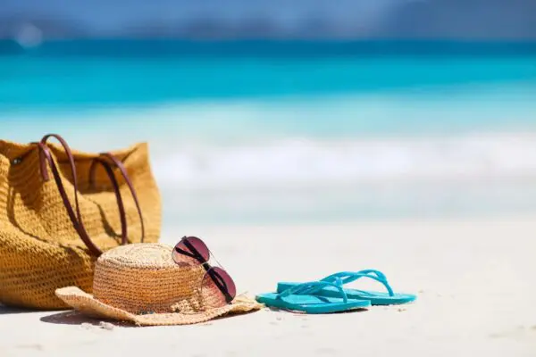 A straw hat and sunglasses on the beach