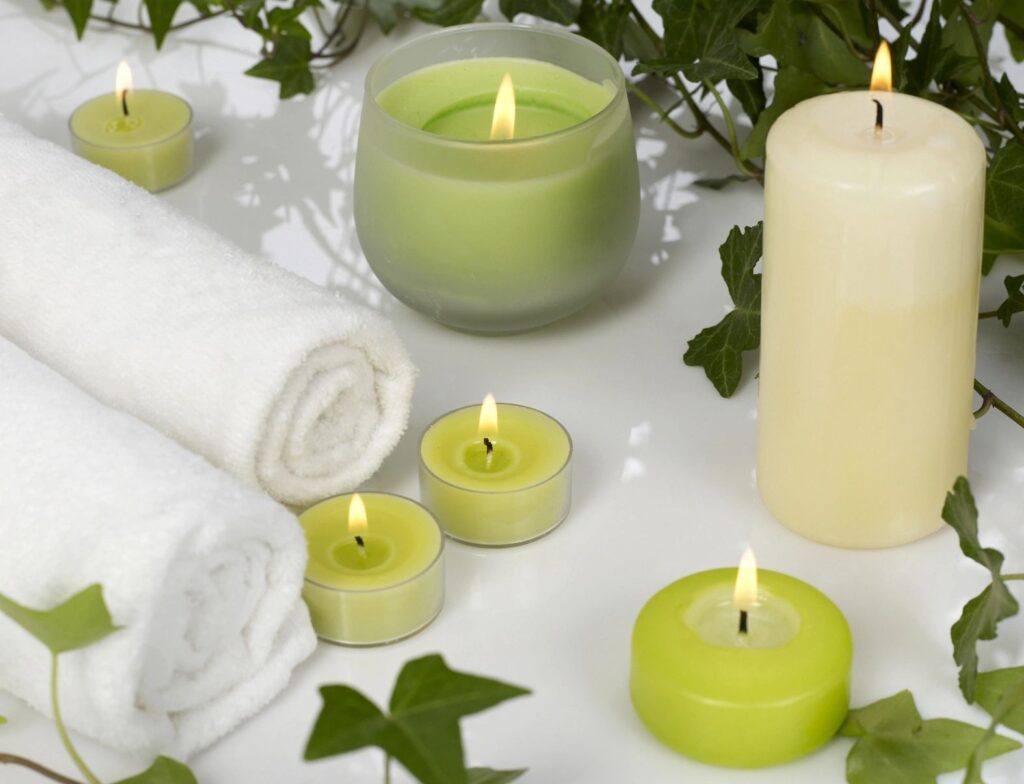 A group of candles and towels on the floor.